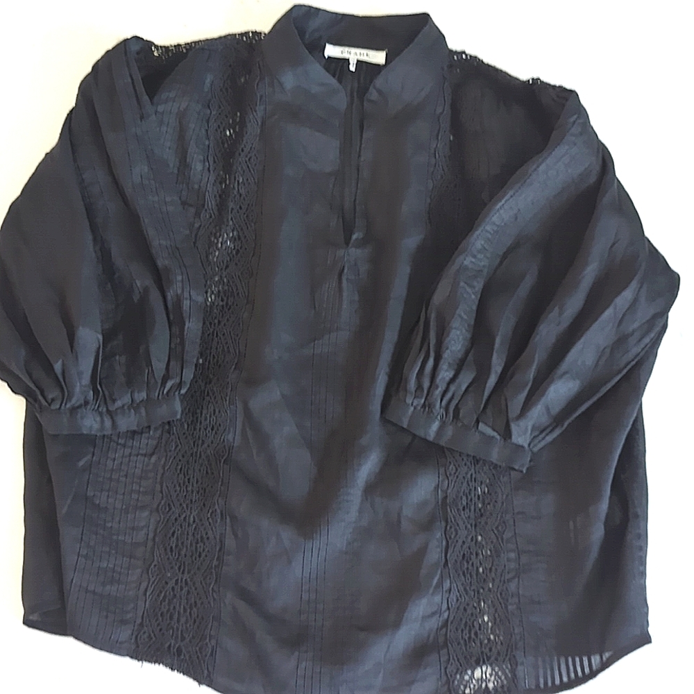 FRAME Cali Lace Popover Blouse Top V neck Black 3/4 sleeve Boho Flowy Fit L - Picture 5 of 14